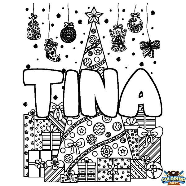 Coloring page first name TINA - Christmas tree and presents background
