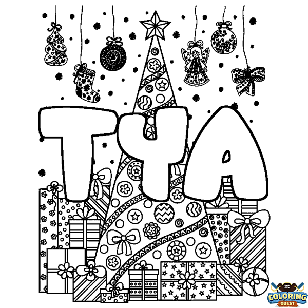 Coloring page first name TYA - Christmas tree and presents background