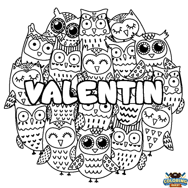 Coloring page first name VALENTIN - Owls background