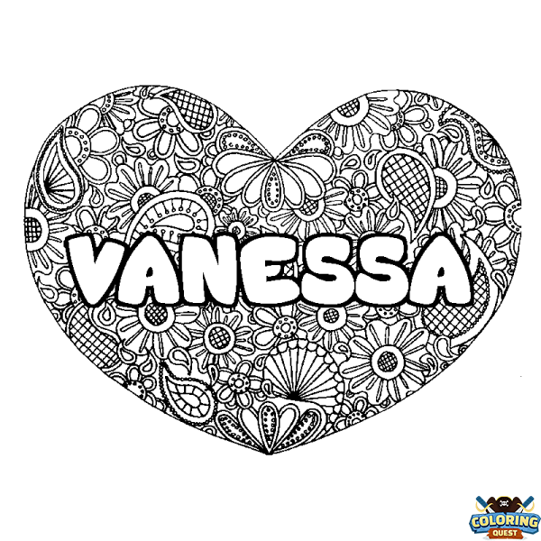 Coloring page first name VANESSA - Heart mandala background