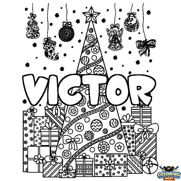 Coloring page first name VICTOR - Christmas tree and presents background