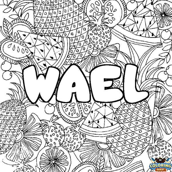 Coloring page first name WAEL - Fruits mandala background
