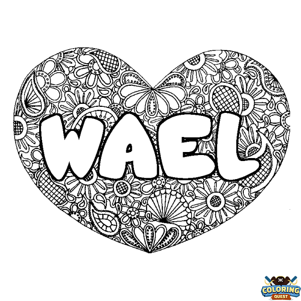 Coloring page first name WAEL - Heart mandala background