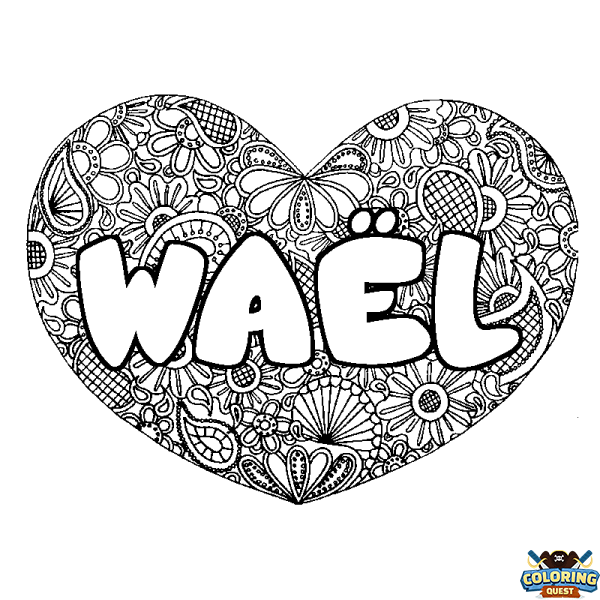 Coloring page first name WA&Euml;L - Heart mandala background