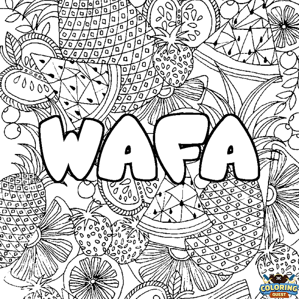Coloring page first name WAFA - Fruits mandala background