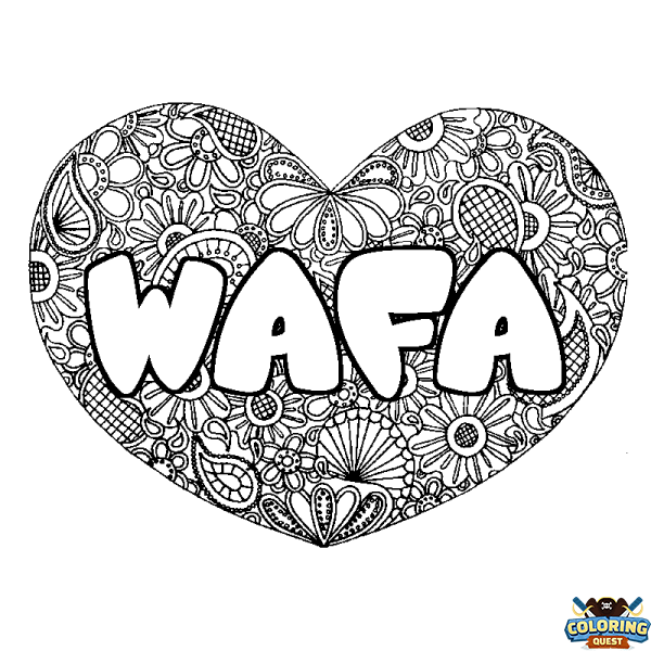 Coloring page first name WAFA - Heart mandala background