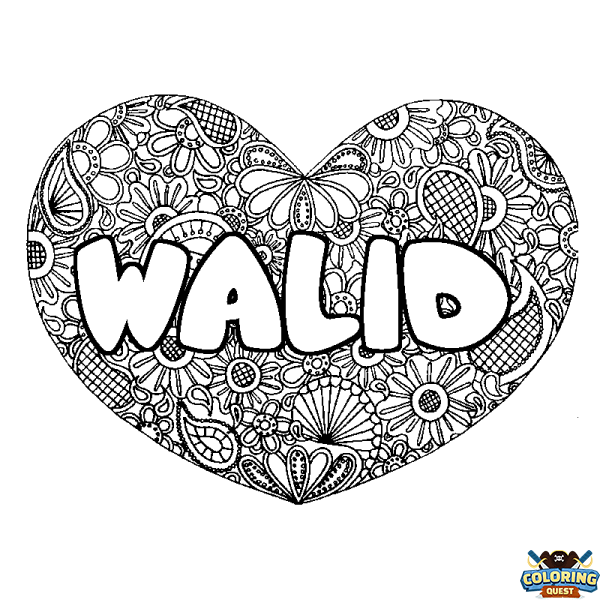Coloring page first name WALID - Heart mandala background