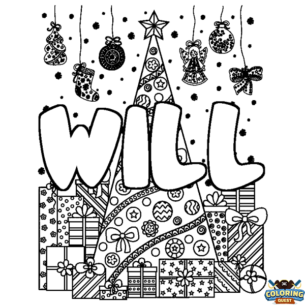 Coloring page first name WILL - Christmas tree and presents background
