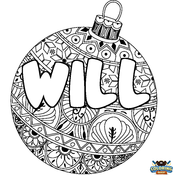 Coloring page first name WILL - Christmas tree bulb background