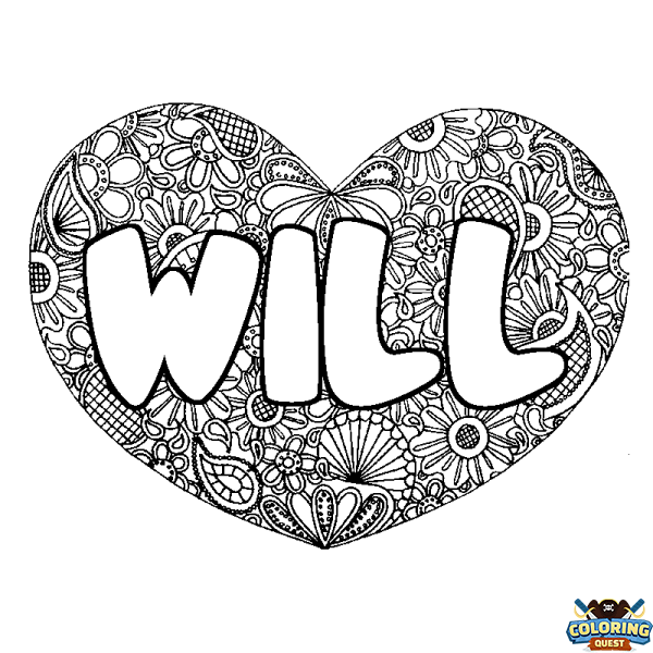Coloring page first name WILL - Heart mandala background