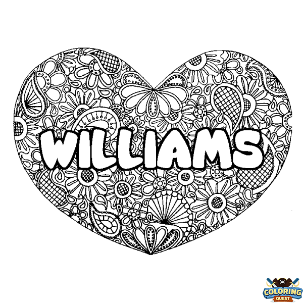 Coloring page first name WILLIAMS - Heart mandala background