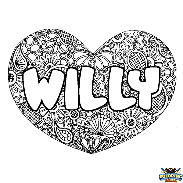 Coloring page first name WILLY - Heart mandala background