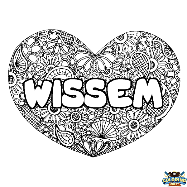 Coloring page first name WISSEM - Heart mandala background