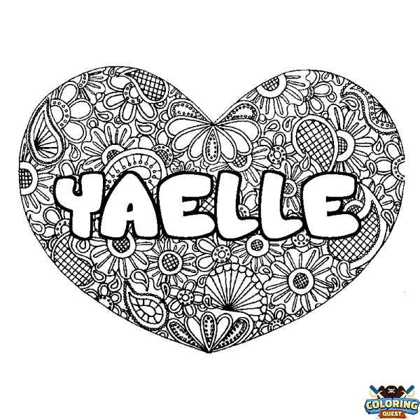 Coloring page first name YAELLE - Heart mandala background