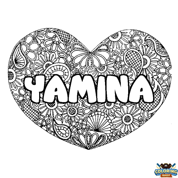 Coloring page first name YAMINA - Heart mandala background