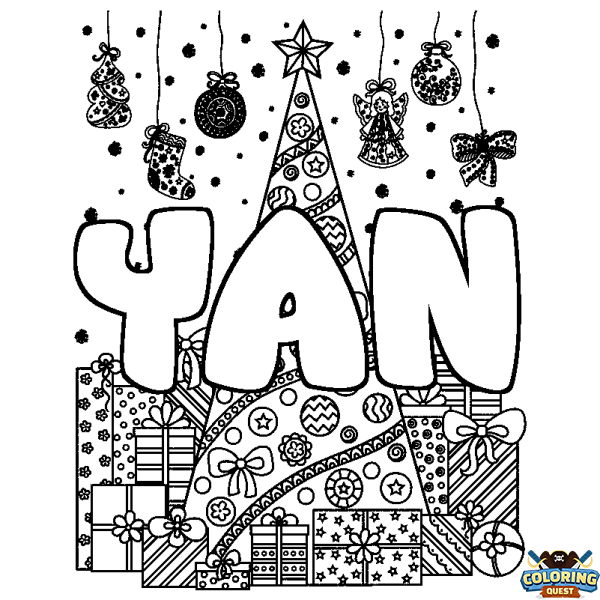 Coloring page first name YAN - Christmas tree and presents background