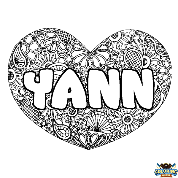 Coloring page first name YANN - Heart mandala background