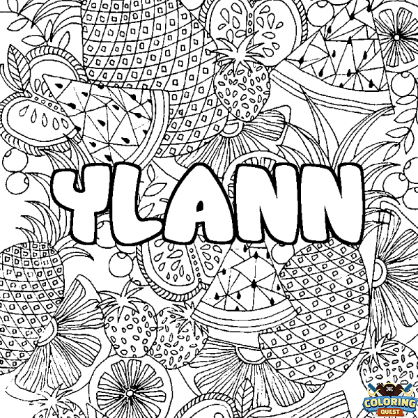 Coloring page first name YLANN - Fruits mandala background