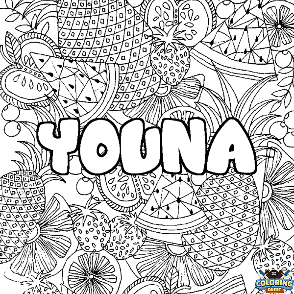 Coloring page first name YOUNA - Fruits mandala background