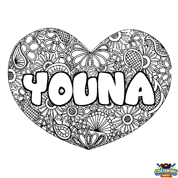 Coloring page first name YOUNA - Heart mandala background