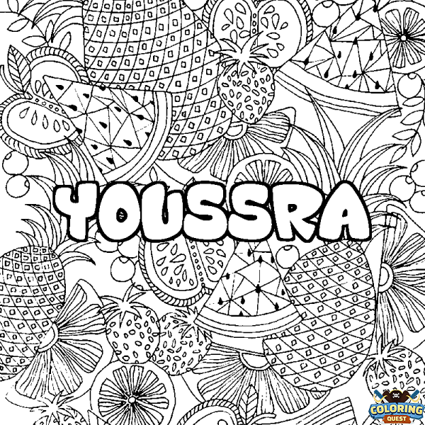 Coloring page first name YOUSSRA - Fruits mandala background