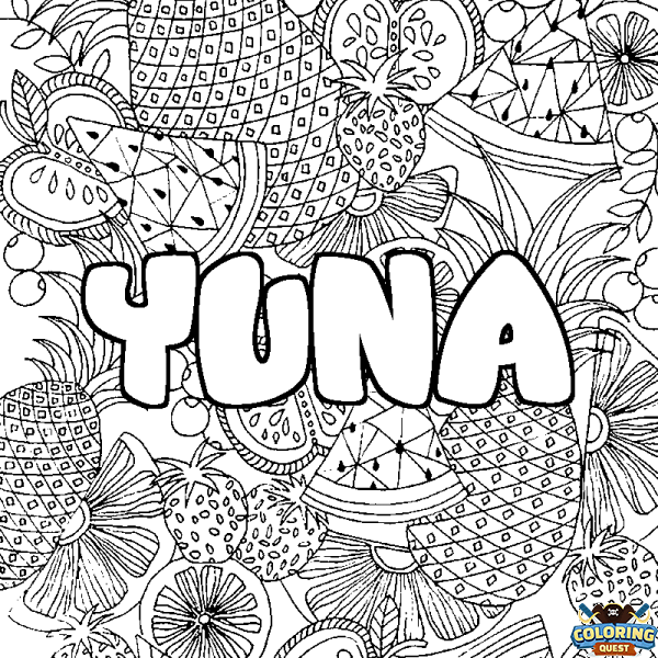 Coloring page first name YUNA - Fruits mandala background