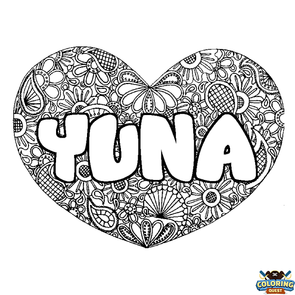 Coloring page first name YUNA - Heart mandala background