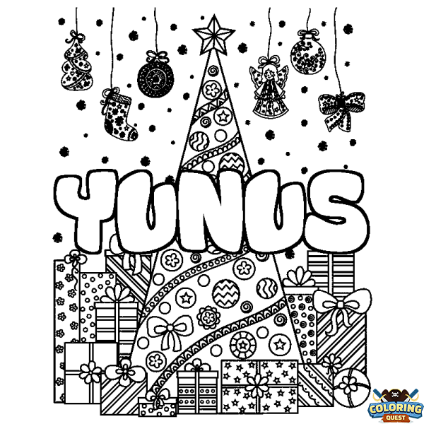 Coloring page first name YUNUS - Christmas tree and presents background