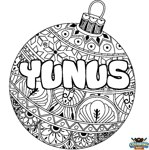 Coloring page first name YUNUS - Christmas tree bulb background