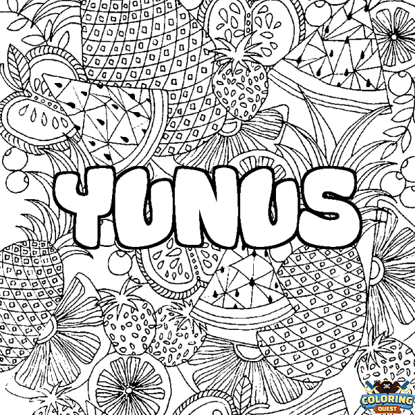 Coloring page first name YUNUS - Fruits mandala background