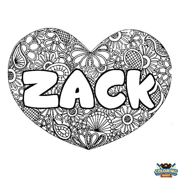 Coloring page first name ZACK - Heart mandala background
