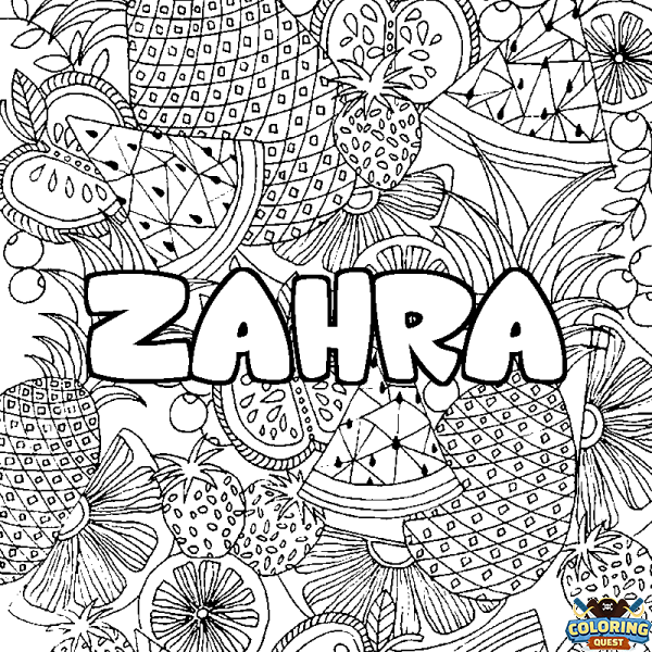 Coloring page first name ZAHRA - Fruits mandala background