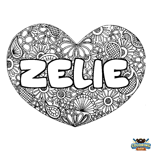 Coloring page first name ZELIE - Heart mandala background