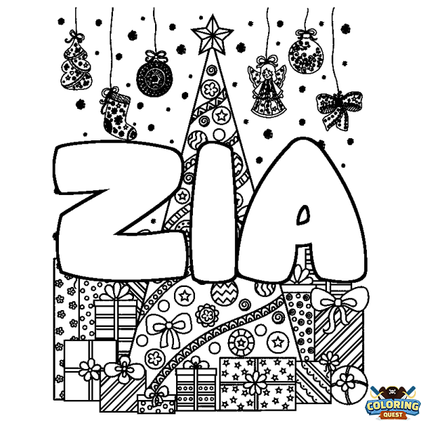 Coloring page first name ZIA - Christmas tree and presents background