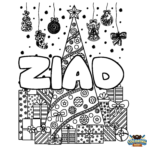 Coloring page first name ZIAD - Christmas tree and presents background