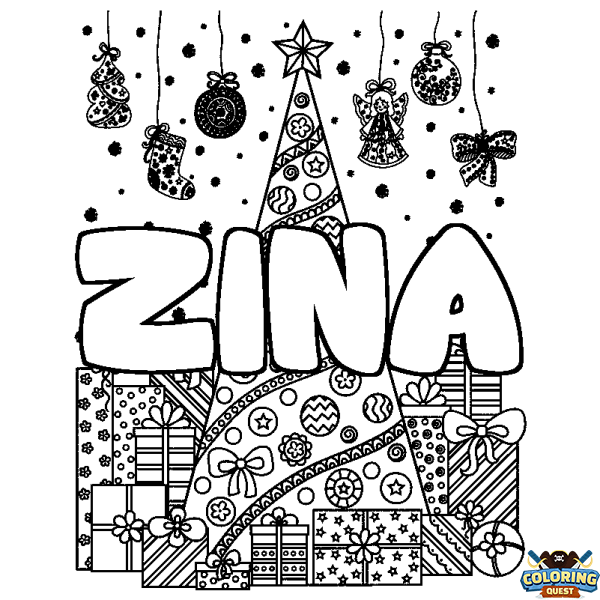 Coloring page first name ZINA - Christmas tree and presents background