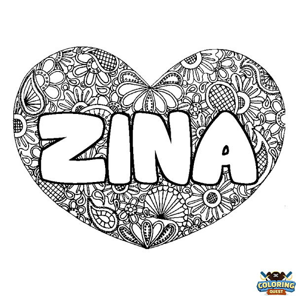 Coloring page first name ZINA - Heart mandala background