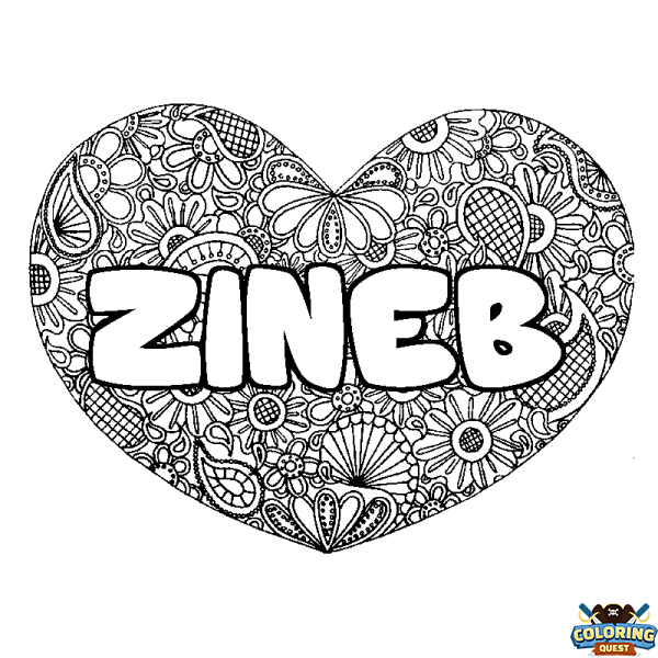 Coloring page first name ZINEB - Heart mandala background