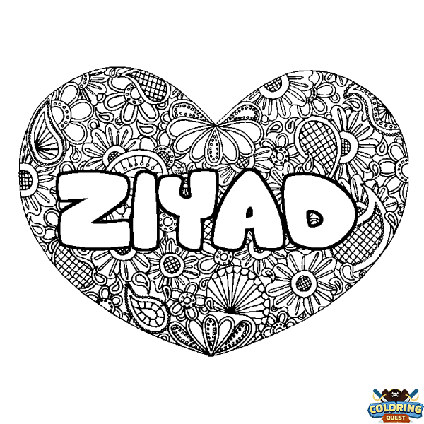 Coloring page first name ZIYAD - Heart mandala background