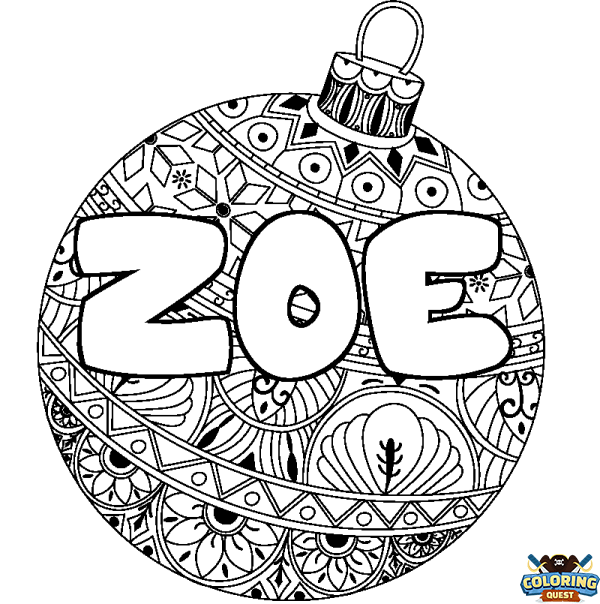 Coloring page first name ZOE - Christmas tree bulb background