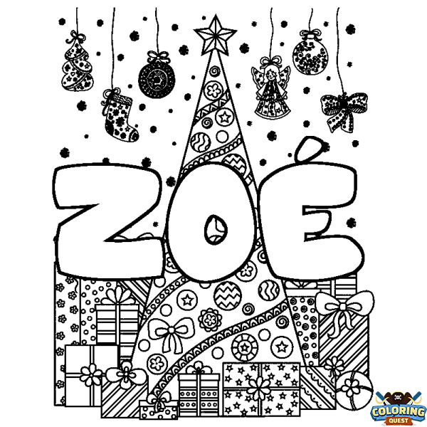 Coloring page first name ZO&Eacute; - Christmas tree and presents background