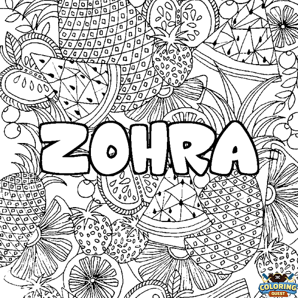 Coloring page first name ZOHRA - Fruits mandala background