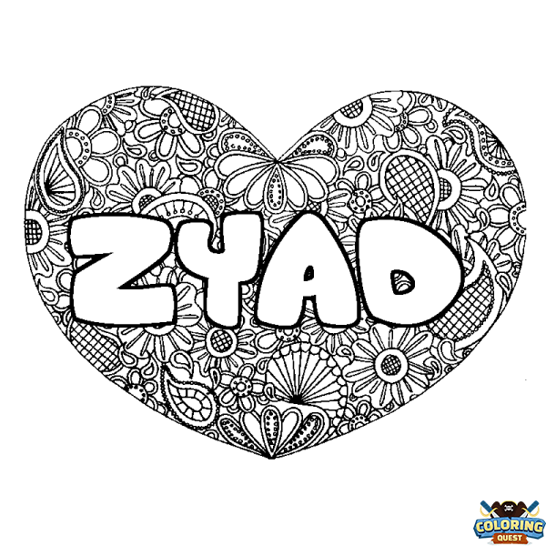 Coloring page first name ZYAD - Heart mandala background