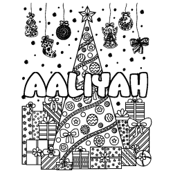 Coloring page first name AALIYAH - Christmas tree and presents background