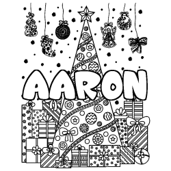 Coloring page first name AARON - Christmas tree and presents background
