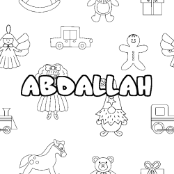 Coloring page first name ABDALLAH - Toys background