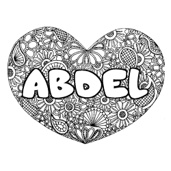 Coloring page first name ABDEL - Heart mandala background