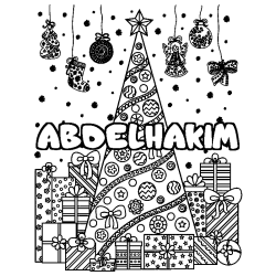 Coloring page first name ABDELHAKIM - Christmas tree and presents background