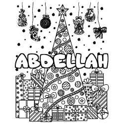 Coloring page first name ABDELLAH - Christmas tree and presents background