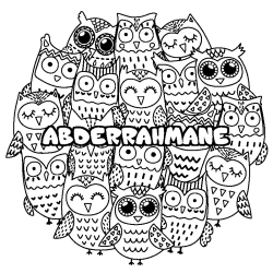 Coloring page first name ABDERRAHMANE - Owls background